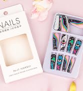 24Pcs Press on Nails Extra Long Coffin Fake Nails wiht Stars Moon Eye Designs False Nails,Flower ...