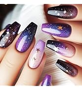 Starry Sky Acrylic Full Cover Fake Nails 24Pcs Milky Way Press on Nails Glossy Purple Gradient Me...