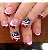 4th of July French Press on Nails Short Square Fake Nails with Glitter Designs Glue on Nails Red ...