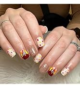 24Pcs Thanksgiving Press on Nails Petite Short Fake Nails Square Shaped Colorful Dots with Turkey...