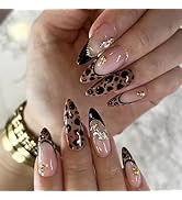 MISUD Press on Nails - Medium Almond Fake Nails with Fall Brown, Acrylic Cheetah French Tip Desig...