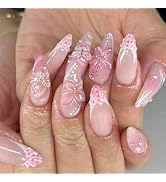 24Pcs Pink Flower Press on Nails 3D French Tip Fake Nails Medium Almond False Nails with Flower, ...