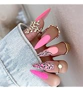 24PCS Pink Press On Nails - Long Stiletto Matte Fake Nails with Leopard Print Designs, Full Cover...