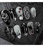 30Pcs Halloween Press on Nails Medium Almond French Tip Fake Nails Spider Web with 3D Gems Design...