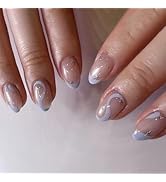 Short Almond Press on Nails French Purple Blue False Nails ilver Star Pattern Full Cover Artifici...