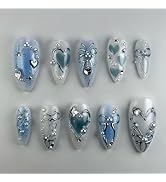 Medium Almond Shape Press on Nails Blue Clear Fake Nails with Pearl Glitter Rhinestone Charm Glue...