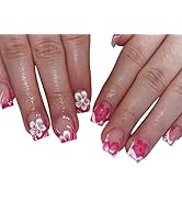 24Pcs Pink Flower Press on Nails Short Square White French Tips Fake Nail with White Flower Desig...