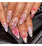 24Pcs Medium Almond Press on Nails Thick Acrylic Fake Nails Press ons Pink Flower False Nails wit...