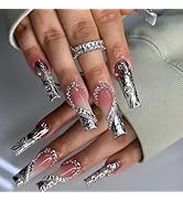 Long Press on Nails Square Fake Nails Black French False Tip with Rhinestones Charms Design Glue ...