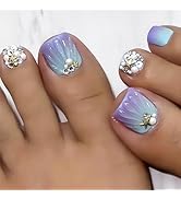 24Pcs Purple Gradient Beach Press on Toenails Starfish Pearl Fake Toenails Bling Glitter Stick on...