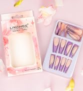 24 Pcs Press on Nails Long Coffin Fake Nails with Heart Shape Rhinestone Designs Glossy Full Cove...