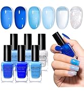 Gellen Blue Jelly Nail Polish, Sheer Nail Polish Quick Dry Summer 6 Colors Blue Glitter Set, Natu...