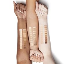 Swatches of Rimmel Stay Matte Pressed Powder on arms of fair, medium and dark-skinned women