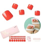 Semi Cured Gel Nail Strips Toes - NAILOG 32 Pcs Red Gel Toe Nail Stickers Extra Long Pedicure Nai...