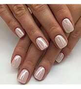 GLAMERMAID Press on Nails Extra Short Squoval, Spring Summer Handmade White Pearl Mermaid Chrome ...
