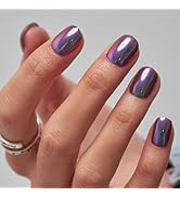 GLAMERMAID Press on Nails Extra Short Squoval, Spring Summer Handmade Dark Blue Purple Chrome Gel...