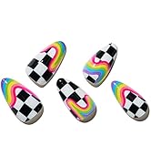 GLAMERMAID Press on Nails Medium Almond, Y2K Rainbow Oval Fake Nails with Checkerboard Color, Glo...