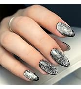 GLAMERMAID Black Press on Nails Short Almond, Handmade Magnet Cat Eye Jelly Gel Dark Fake Nail Ki...