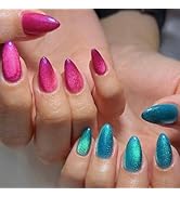 GLAMERMAID Pink Blue Cat Eyes Press on Nails Short Almond, Ombre Magnet Handmade Jelly Gel Fake N...