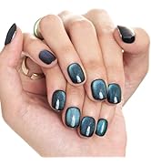 GLAMERMAID Press on Nails Extra Short Squoval, Halloween Handmade Black Dark Green Cat Eye Gel Na...