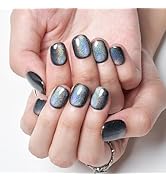 GLAMERMAID Press on Nails Extra Short Squoval, Handmade Rainbow Black Gel Nails Polish Glue on Na...