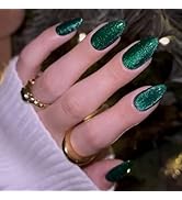 GLAMERMAID Christmas Green Press on Nails Short Almond, Handmade Magnet Cat Eyes Jelly Gel Fake N...