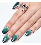 GLAMERMAID Dark Green Press on Nails Short Almond, Handmade Magnet Cat Eyes Jelly Gel Fake Nail K...