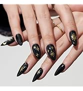GLAMERMAID Press on Nails Medium Almond, Halloween Handmade Black Nails Polish Glue on Nails with...