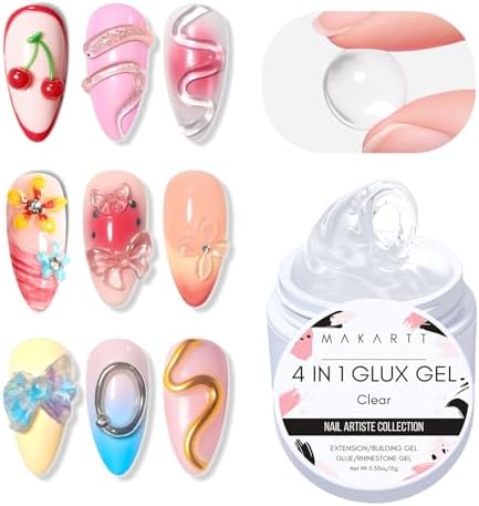 Makartt 3D Gel Nail Art: Clear Solid Builder Nail Gel 4 in 1 Non-sticky for Extension UV Glue for Acrylic Nails Rhinestones 3D sculpting Hard Gels UV/LED Lamp Required 15ml