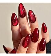 GLAMERMAID Red Magnet Cat Eyes Press on Nails Short Almond, Aurora Handmade Gel Fake Nail Kit, Om...