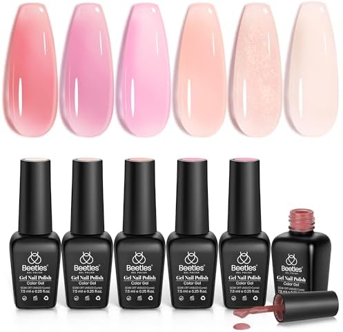 Beetles Jelly Gel Nail Polish Set, 6 Colors Jelly Nude Pink Gel Polish Kit Neutral Sheer Shimmer Glitter Translucent Effect Soak off Uv Nail Concealer DIY Manicure Spring Summer Gift for Women