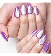 GLAMERMAID Purple Magnet Cat Eyes Press on Nails Short Almond, Aurora Handmade Jelly Gel Fake Nai...