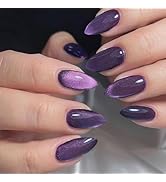 GLAMERMAID Purple Magnet Cat Eyes Press on Nails Short Almond, Aurora Handmade Jelly Gel Fake Nai...