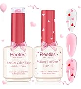 Beetles Heart Glitter Gel Top Coat & Pink Rubber Base Builder Nail Gel Set, Soak Off UV LED Gel P...