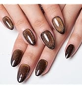 GLAMERMAID Fall Dark Brown Press on Nails Short Almond, Handmade Magnet Cat Eye Jelly Gel Fake Na...