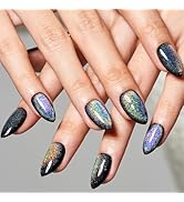 GLAMERMAID Press on Nails Short Almond, Handmade Rainbow Black Cat Eyes Gel Nails Polish Glue on ...