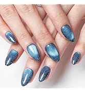 GLAMERMAID Dark Blue Press on Nails Short Almond, Handmade Magnet Cat Eyes Jelly Gel Fake Nail, A...
