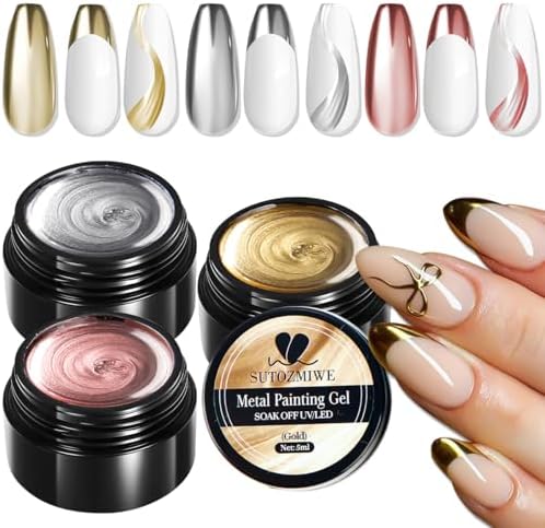 SUTOZMIWE Chrome Gel Nail Polish Set, 3D Metallic Gel Nail Polish, Gold Silver Rose Metal Painting Gels Reflective Mirror Effect Glossy Shine Nail Glue Soak Off Curing Need Home Salon DIY Manicure