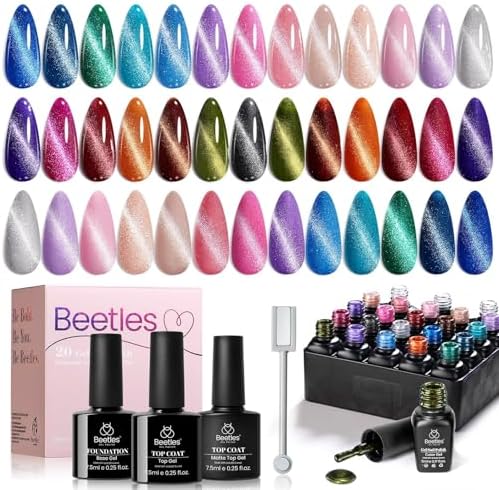 Beetles Cat Eye Gel Nail Polish Set - 20 Colors Glitter Red Green Blue Brown Black Cat Eye Magnetic Base Matte Glossy Top Coat Galaxy Gemlight Soak Off UV Manicure Salon Gift for Women