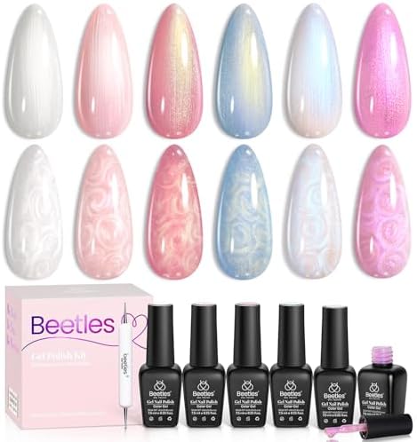 Beetles Pearl Gel Nail Polish Set - 6 Colors Pearl White Gel Nail Polish Mermaid Soak Off Uv Led Pink Blue Polish Swirl Thread Effect DIY Manicure Art Gift for Women