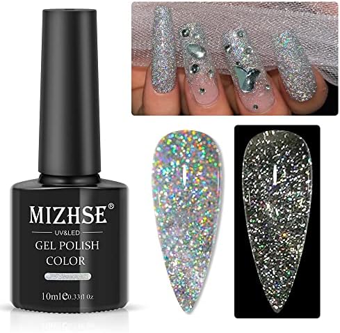MIZHSE Glitter Gel Polish, Silver Sparkle Gel Nail Polish Diamond Disco Reflective Glitter Gel Polish Soak Off U V Nail Art Varnish Manicure Home DIY 10ml