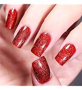 GLAMERMAID Press on Nails Medium Square, Christmas Handmade Glitter Bright Red Gel Nail Polish Gl...