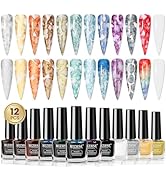 MIZHSE Marble Nail Polish Set, 12 Colors Marble Ink for Nails Glitter Effect Nail Ink Blooming Ge...