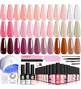 Clara Colors Gel Nail Polish, 18 Colors Nude Pink Brown Cherry UV Gel Nail Polish Set and Base To...