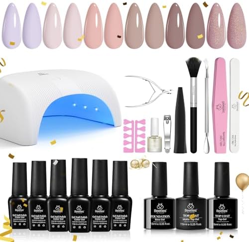 Beetles Gel Nail Polish Kit with Uv Light Base Gel Top Coat, 6 Colors Nude Neutral Nail Polish Starter Kit, Soak off Led Set DIY Manicure Home Nail Essentials Gift for Girls Women
