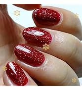 Christmas Red Press on Nails Short Almond GLAMERMAID, Oval Short Fake Nails with Design, Handmade...
