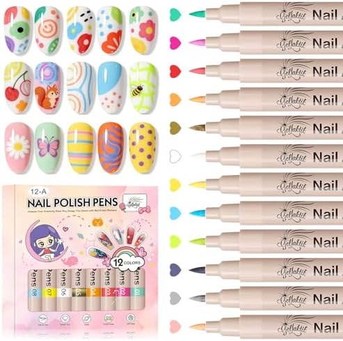 GELLAKTIK 12 Colors Nail Art Pens Set, 3D Nail Color Pens, Quick-Drying Acrylic Paint Markers, Dotting Liner Brush for DIY Nail Design, Home & Salon Manicure Tools