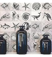 SUPERDANT 60pcs Sea Life Wall Decals Fish Jellyfish Turtle Wall Stickers Sketch Style Walls Art M...