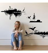 SUPERDANT Wall Sticker Black Heron Landscape Wall Decals Murals Bird Forest Lake Decorative Stick...