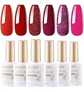 Gellen Gel Nail Polish Set, 6 Colors Red Gel Polish Set Dark Red Burgundy Hot Pink Glitter Gel Na...